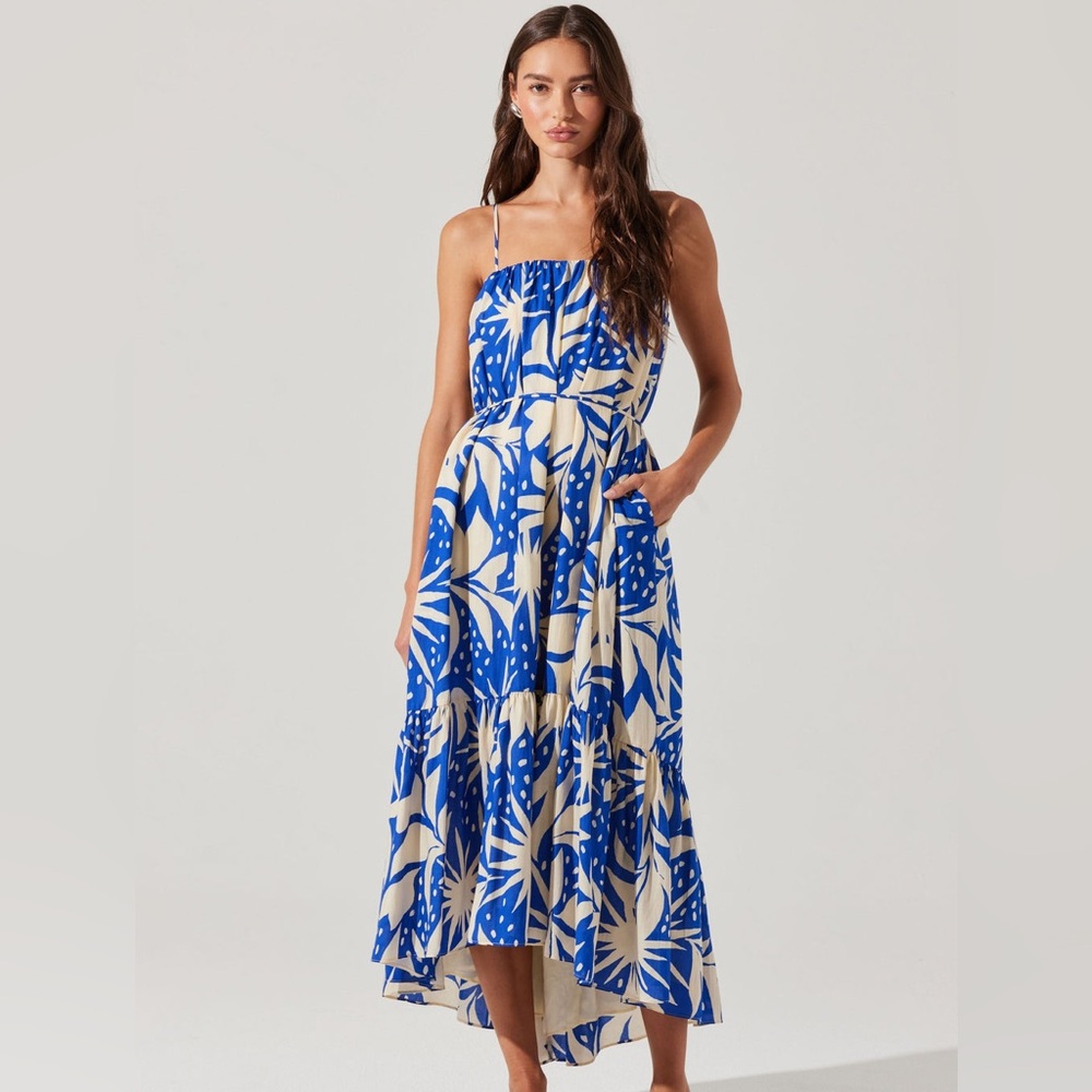 ASTR the Label Sarina Linen-Blend Maxi Dress in Blue Tropical pattern Size S NWT - Picture 3 of 6